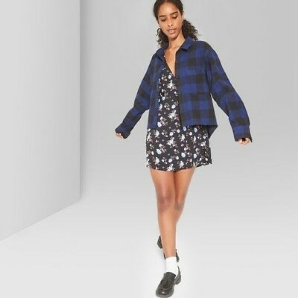 SOLD OUT Navy Blue Plaid Flannel Button-Down Shirt - Picture 1 of 5